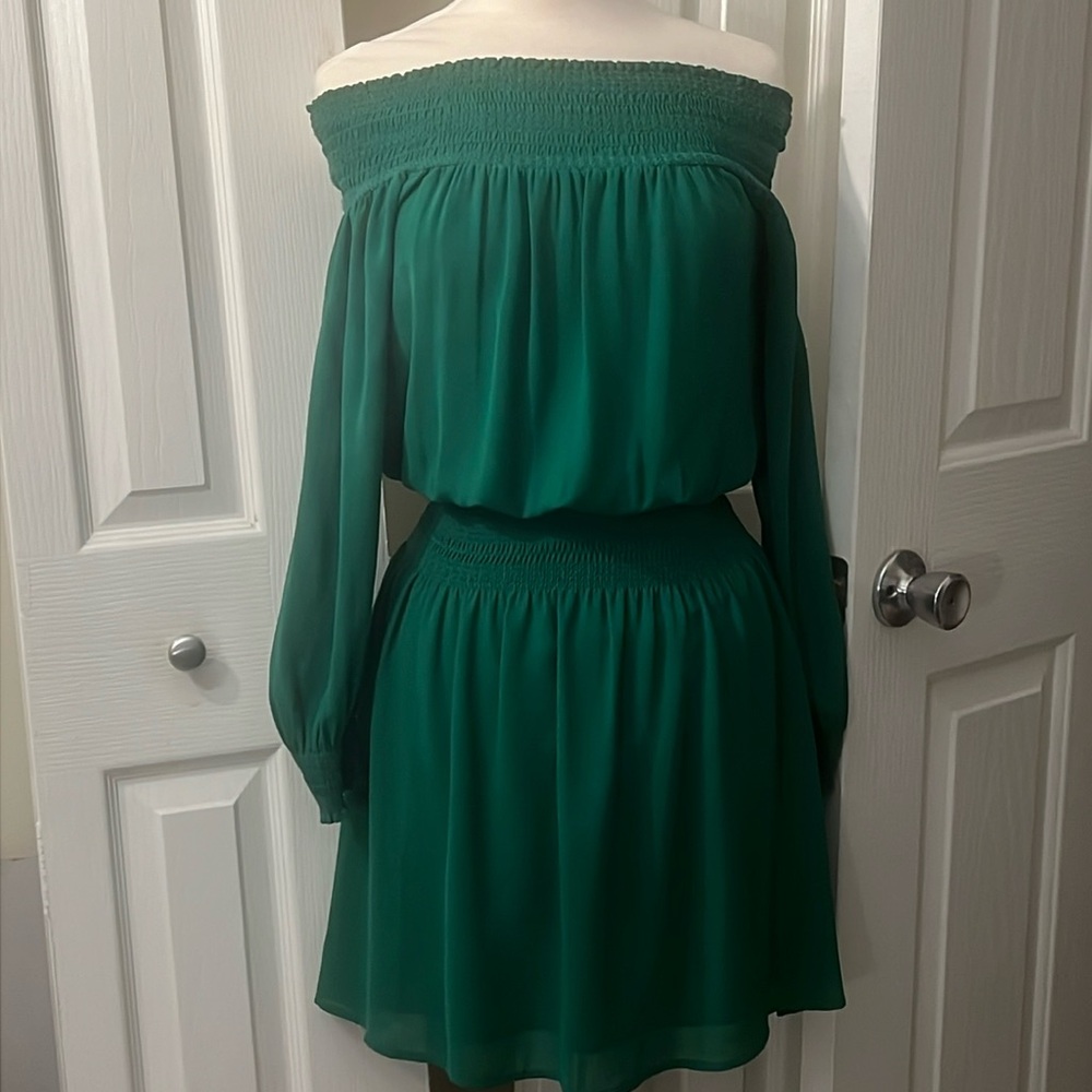 Off the shoulder, Michael Kors emerald green mini dress